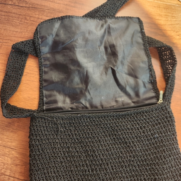 Flower Embroidered Black Crochet Crossbody Bag - Picture 4 of 5